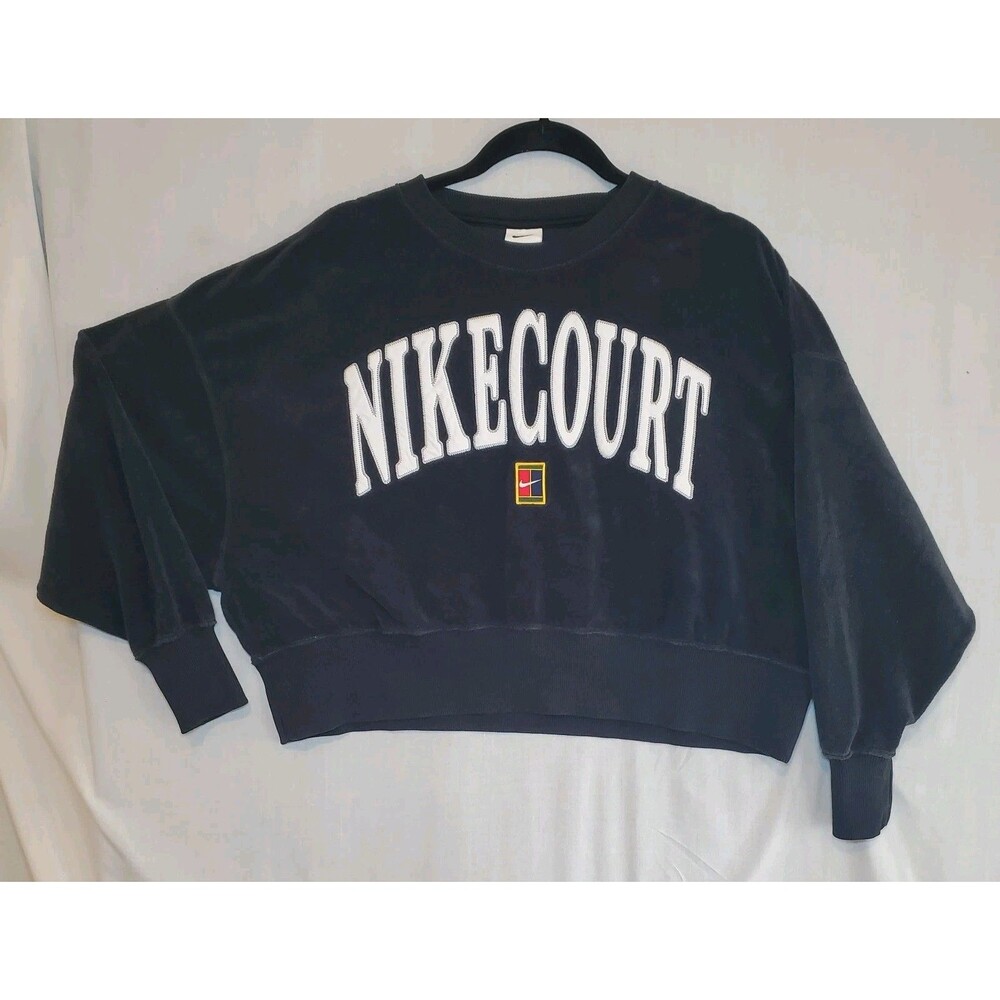Nike Court Womens XS Cropped Oversized Terrycloth Sweatshirt Black Big Logo